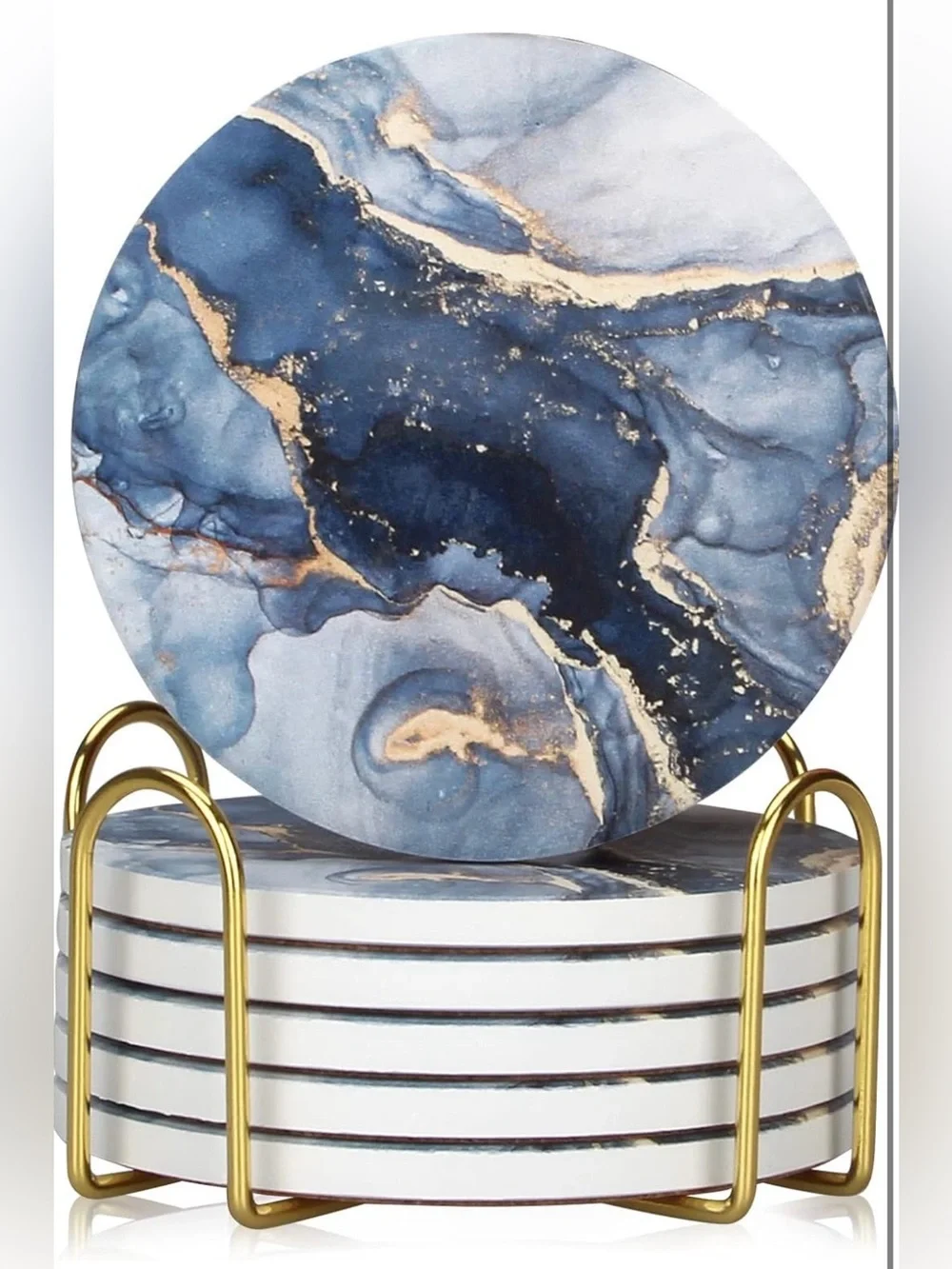 Blue Marble Gold Accent Round Coaster Set